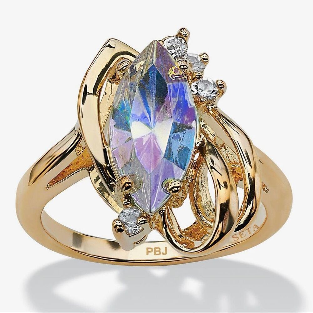 Gold Marquise Aurora Borealis Crystal Cocktail Ring w Clear Accent Stones Size 6